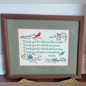 Framed Vintage Cross-Stitch Art with Birds and Prayer.
Year 83’